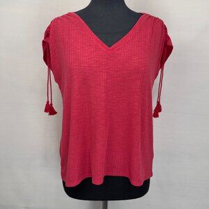 Reitmans Women’s Textured V-Neck Blouse M Pink Tassel Tie Drawstring Sleeves